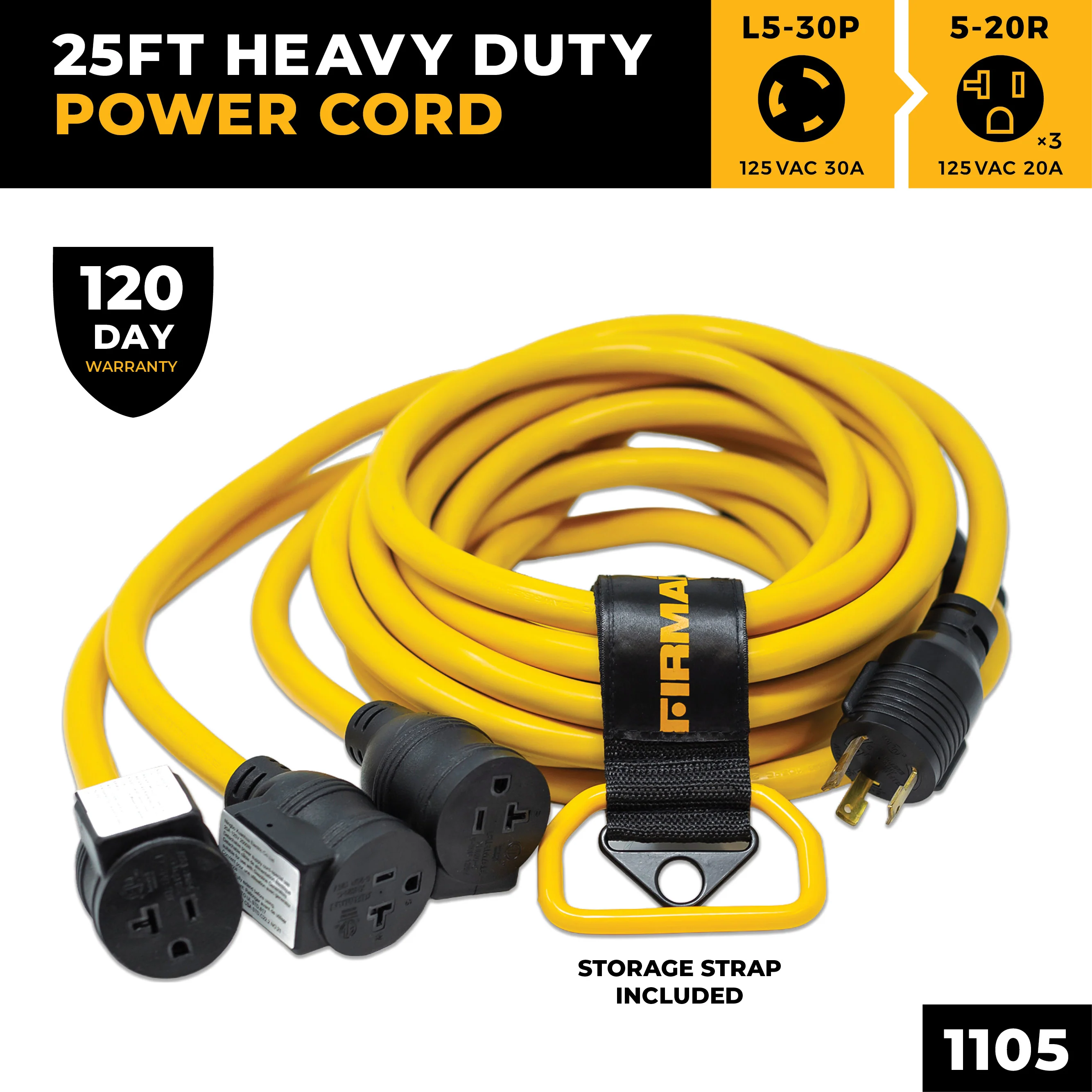 25' Heavy Duty L5-30P to (3) 5-20R Power Cord With Storage Strap - Image 3