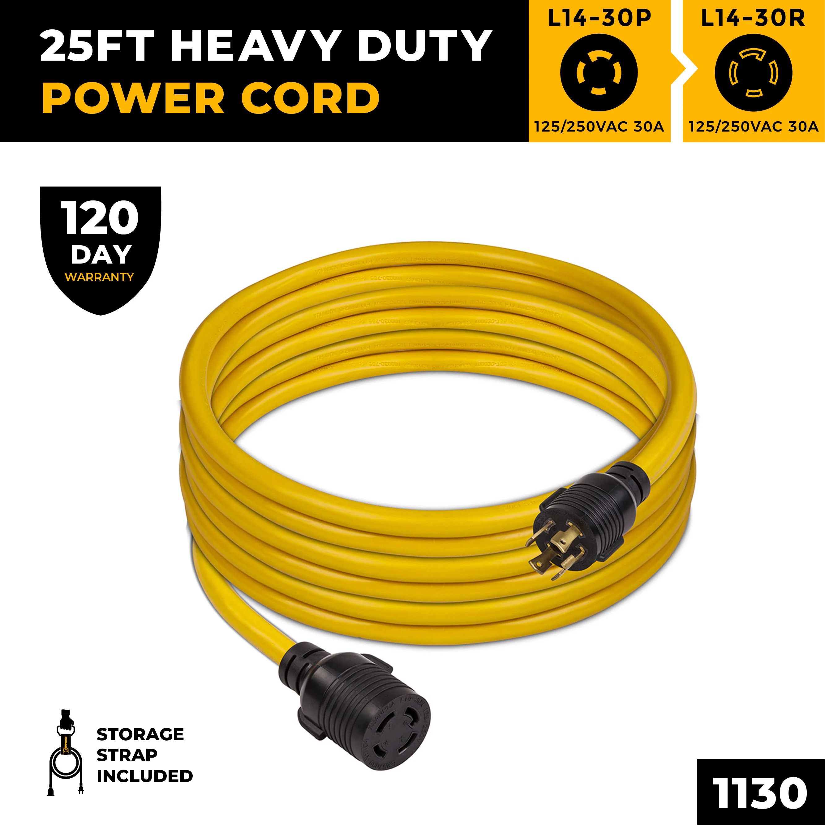 25ft Heavy Duty L14-30P to L14-30R Power Cord Extension With Storage Strap - Image 3