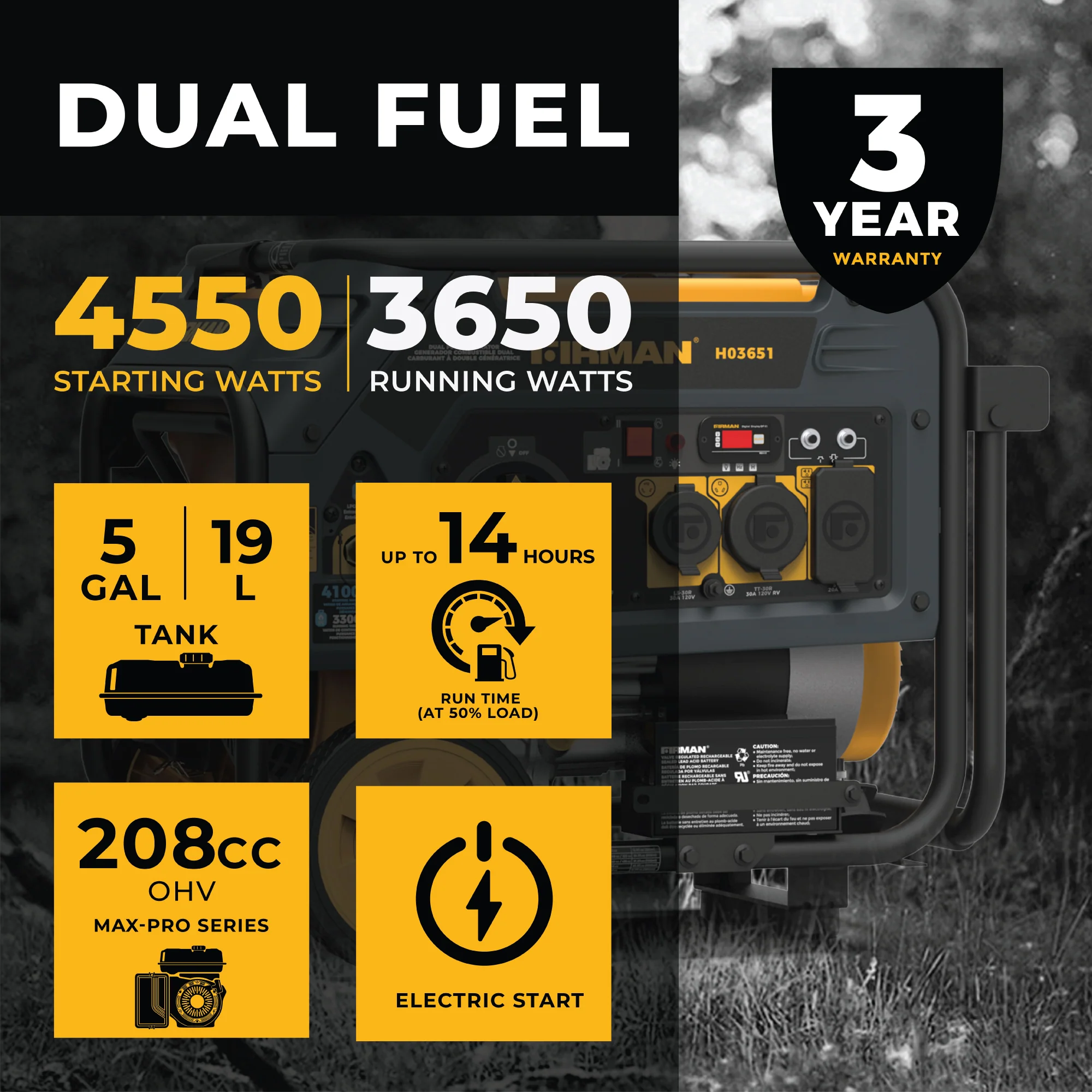 Dual Fuel 4550W Portable Generator Electric Start 120V - Image 2