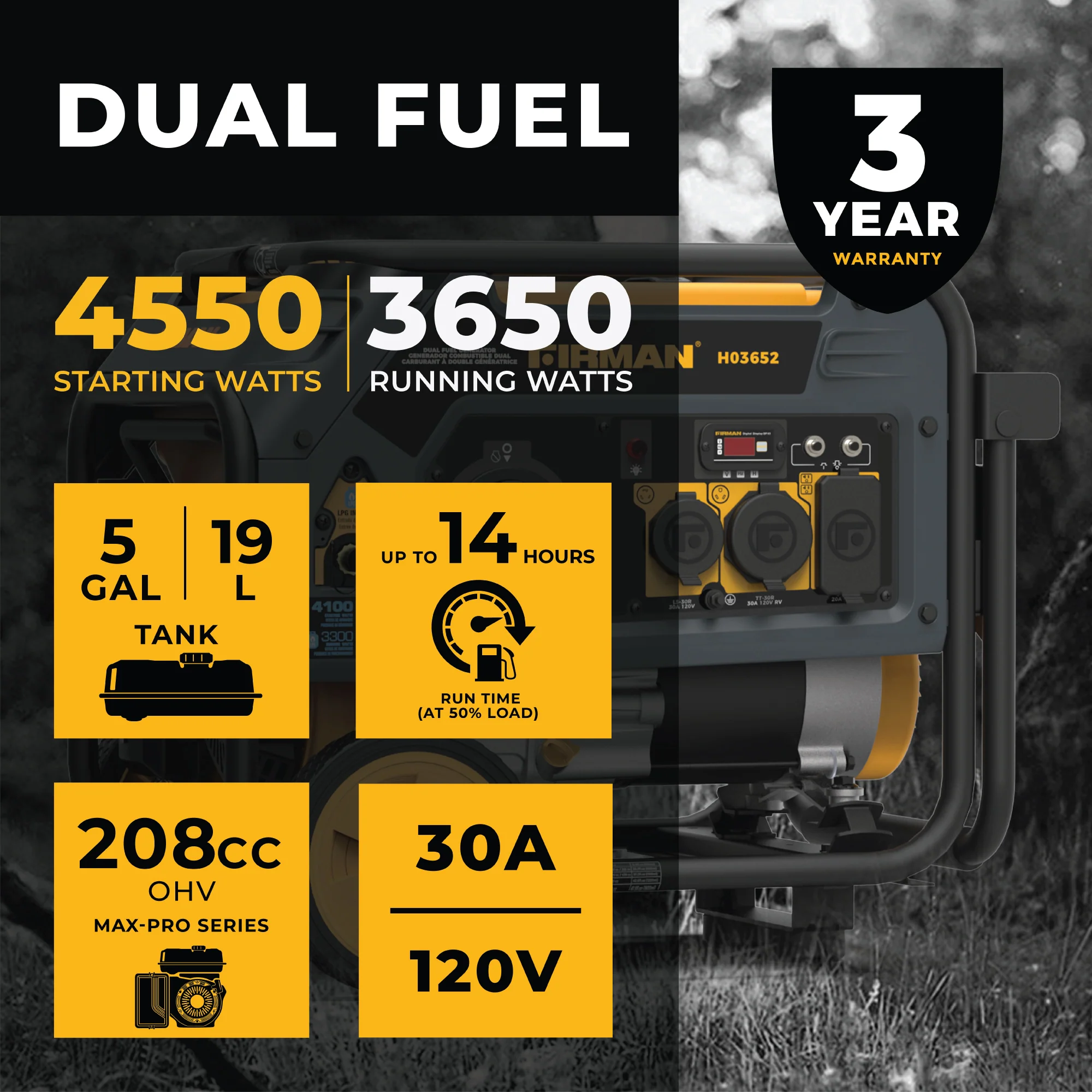 Dual Fuel Portable Generator 3650W Recoil Start - Image 2