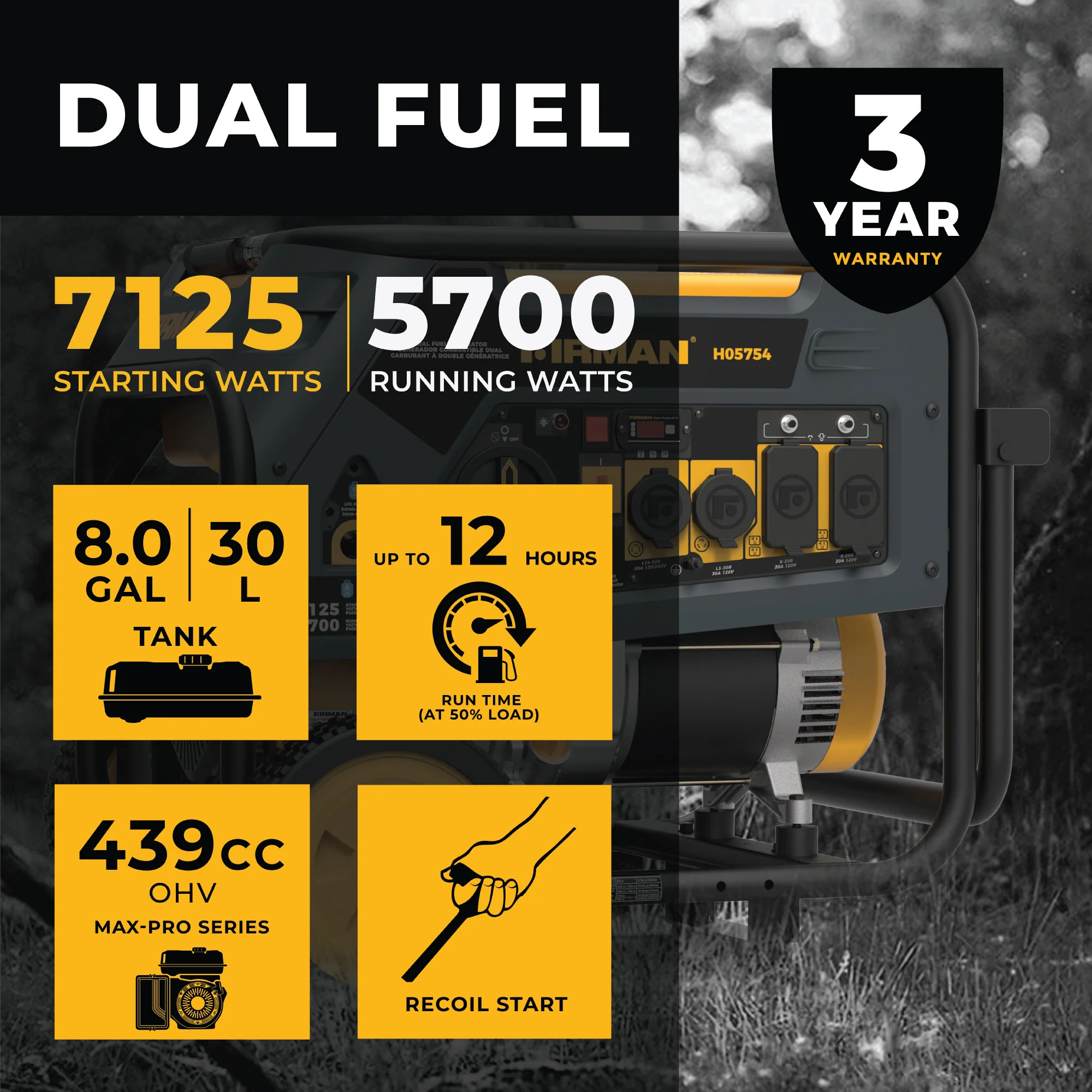 Dual Fuel Portable Generator 5700W Recoil Start 120/240V - Image 2