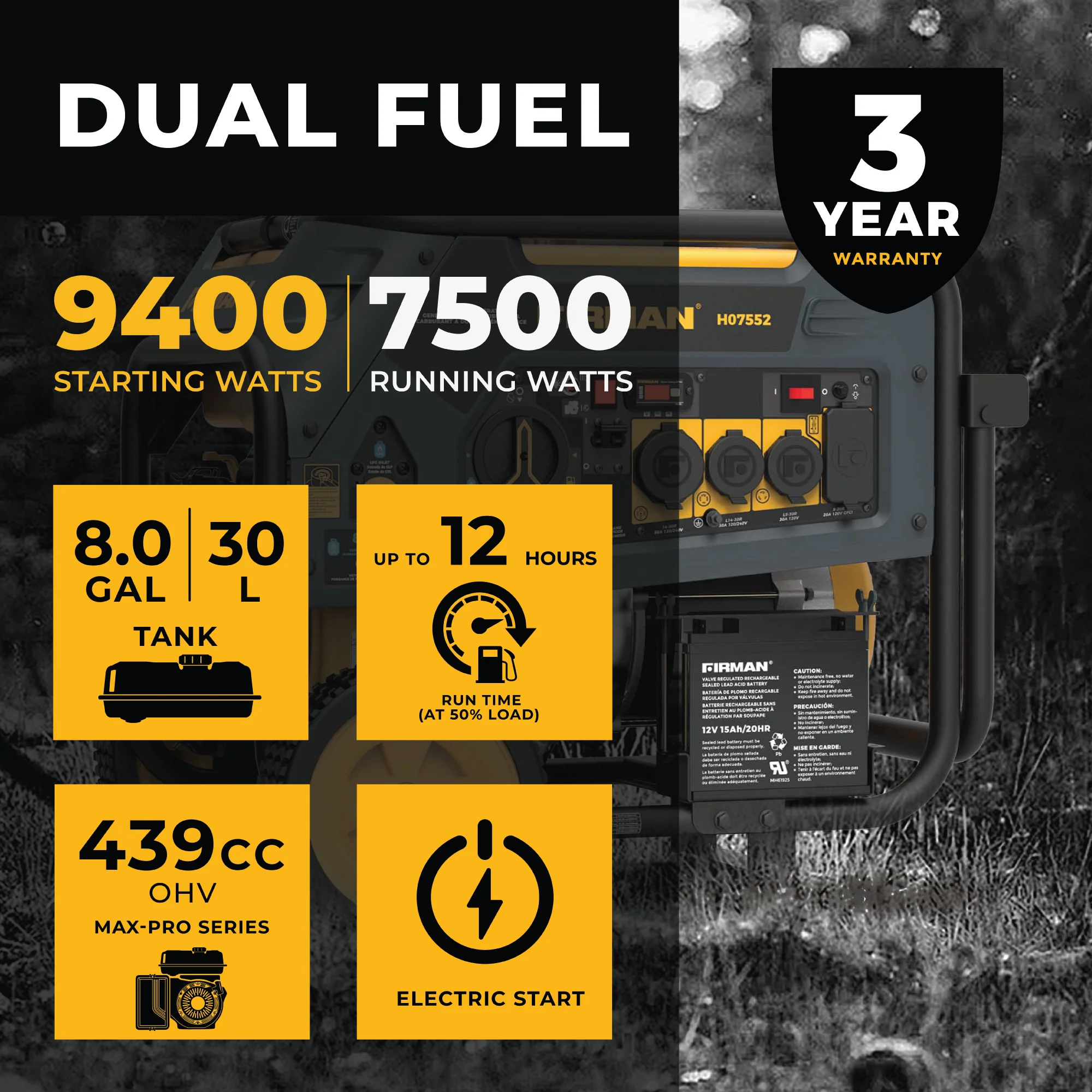 Dual Fuel Portable Generator 7500W Electric Start 120/240V - Image 2