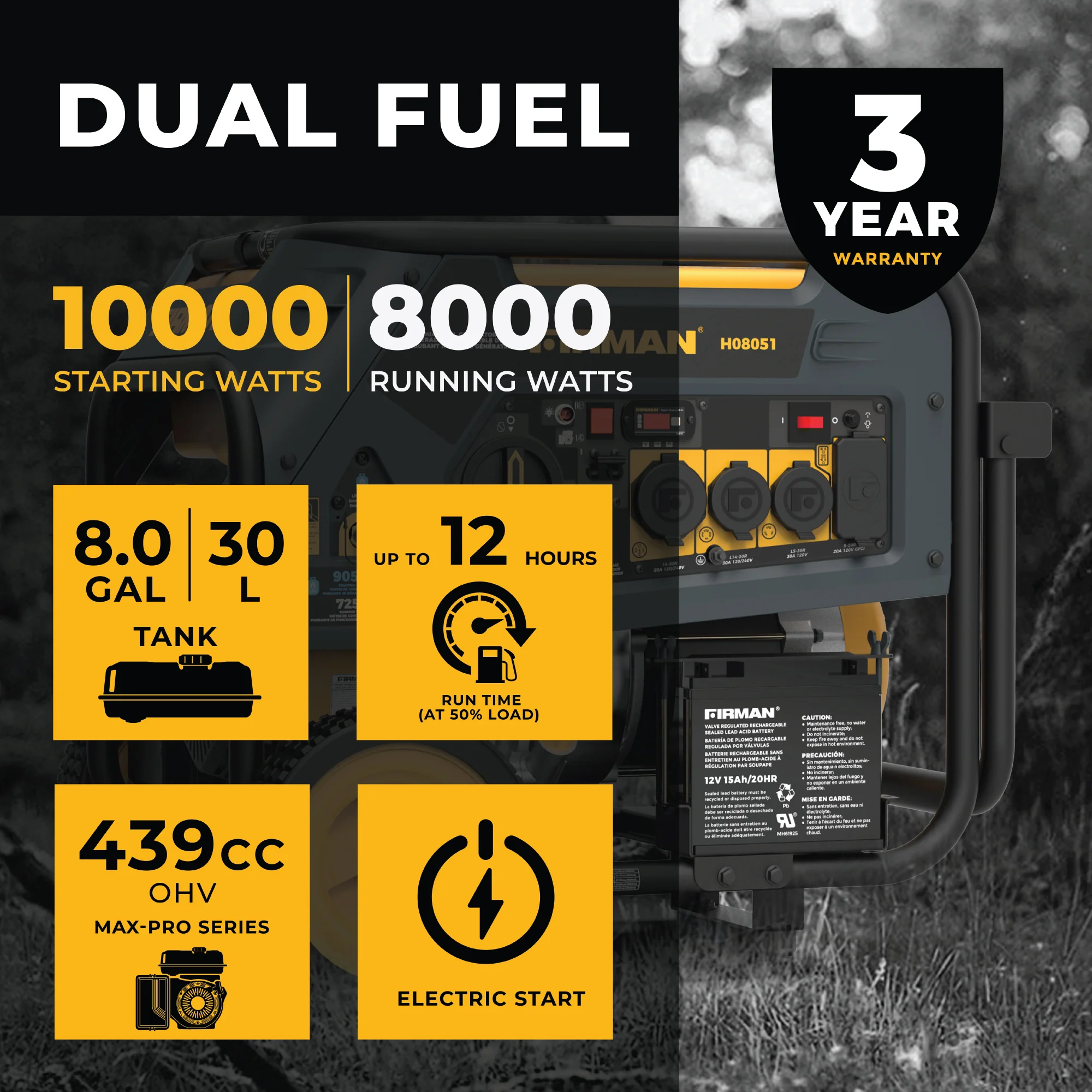 Dual Fuel Portable Generator 8000W Electric Start 120/240V - Image 2