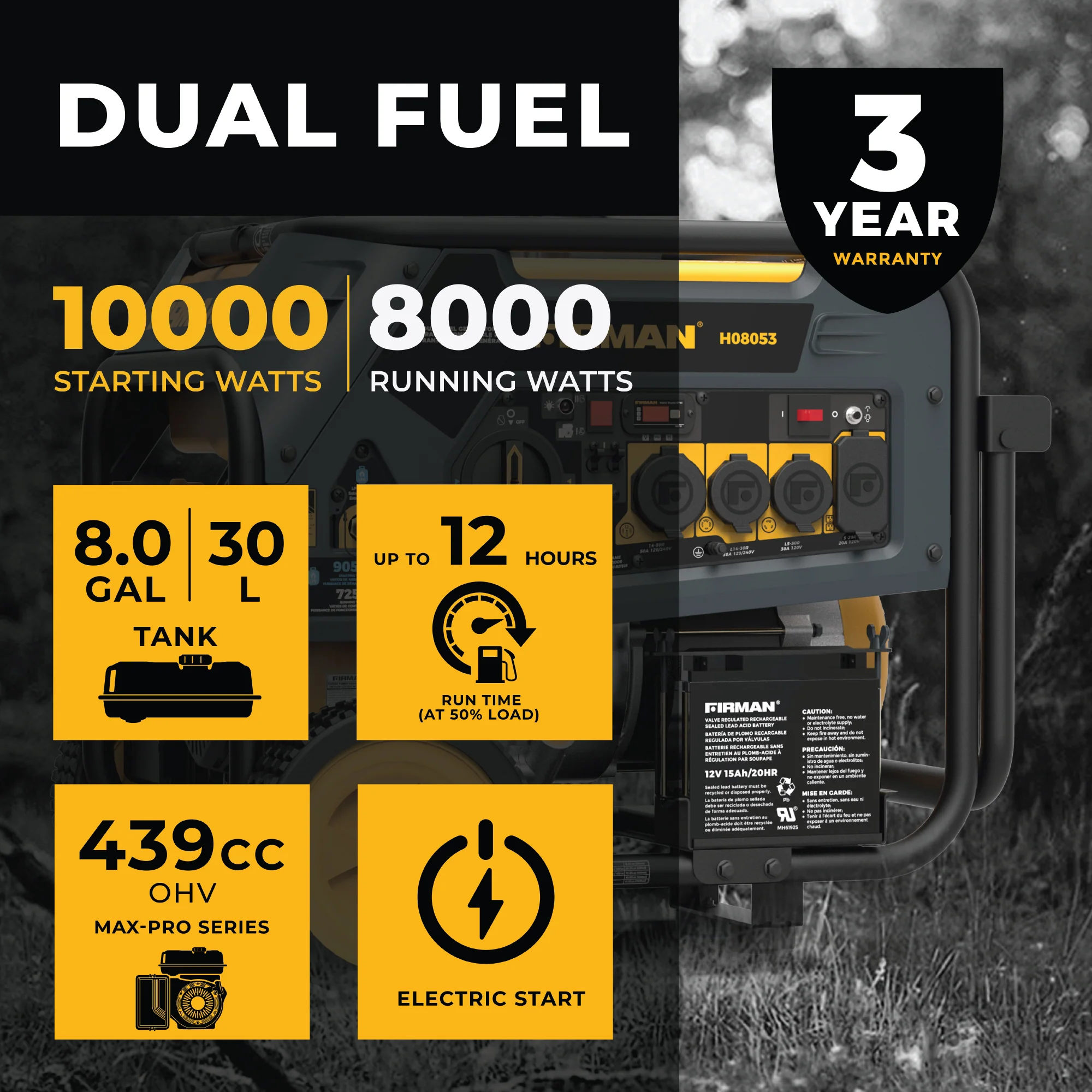 Dual Fuel Portable Generator 8000W Electric Start 120/240V - Image 2