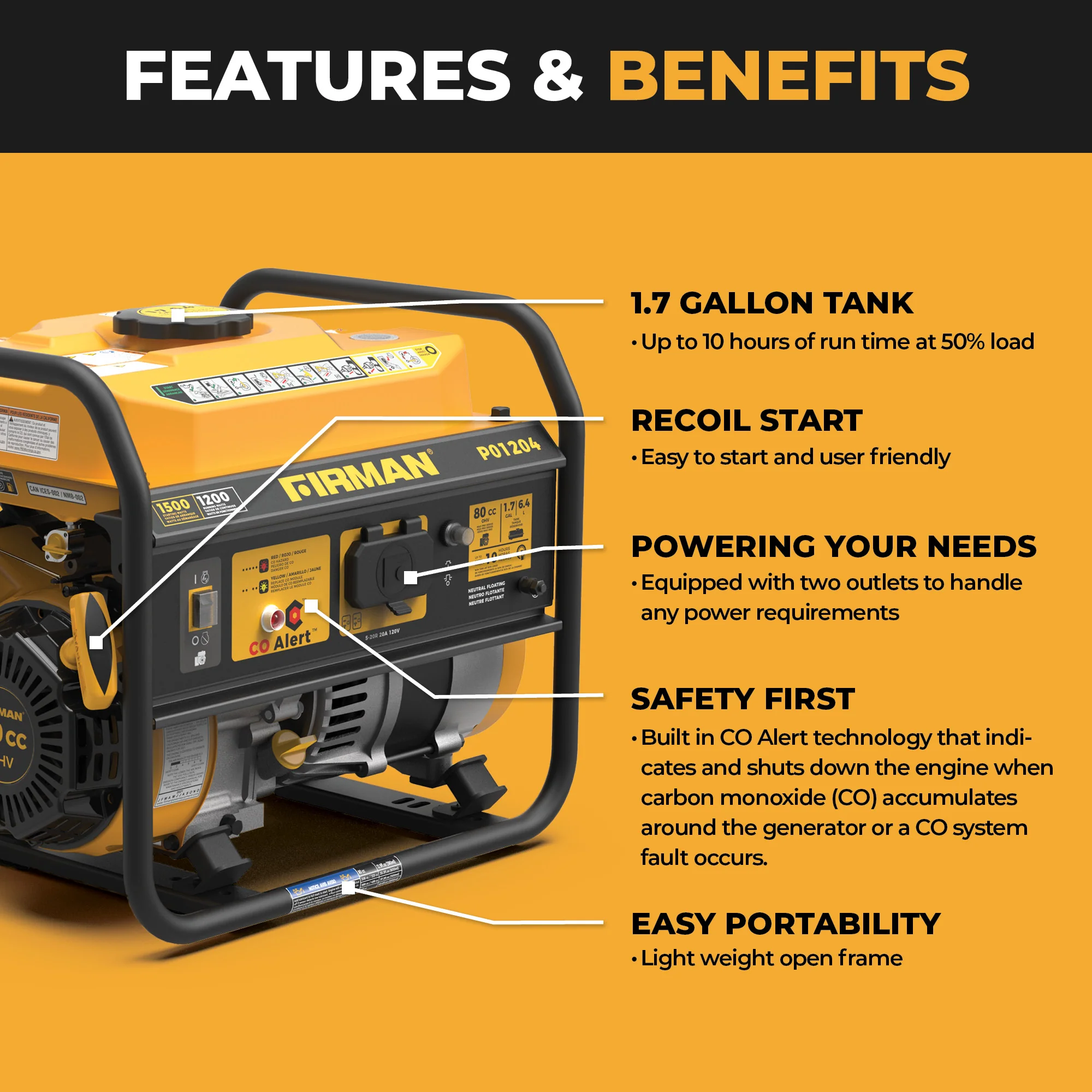 Gas Portable Generator 1500W Recoil Start with CO alert - Image 2