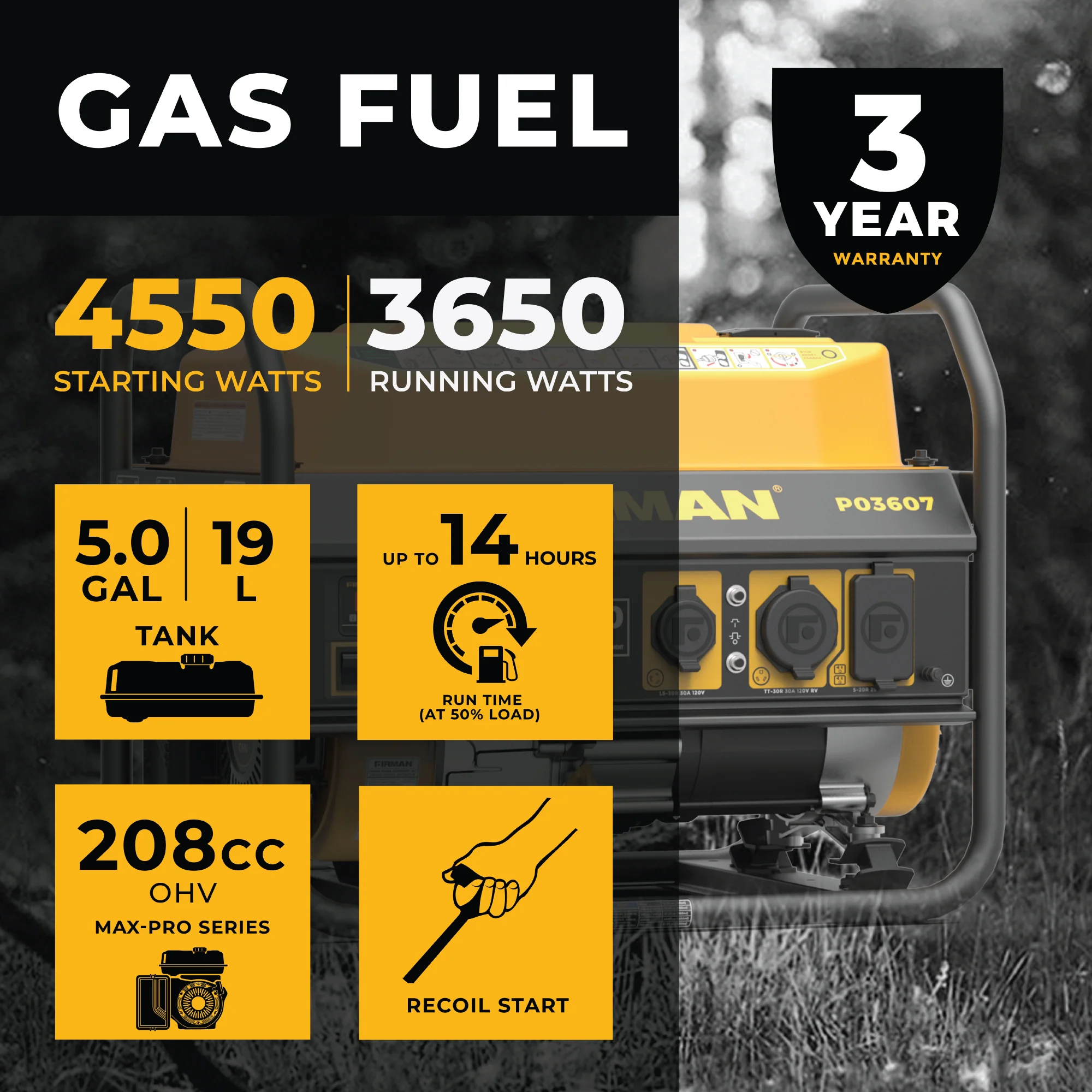 Gas Portable Generator 4550W Recoil Start - Image 2