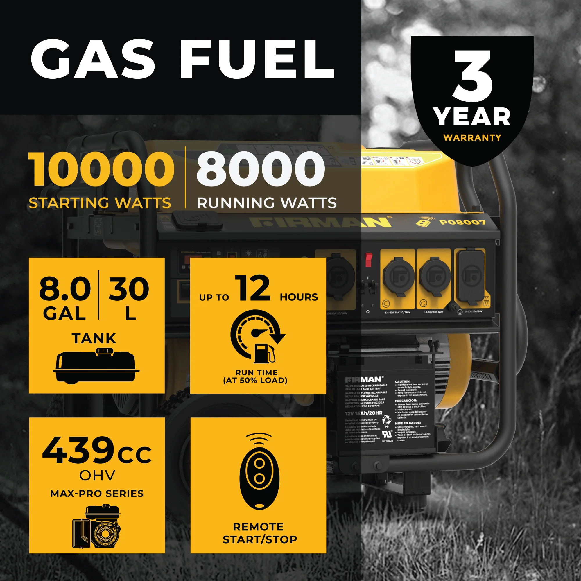 Gas Portable Generator 10000W Remote Start 120/240V - Image 2