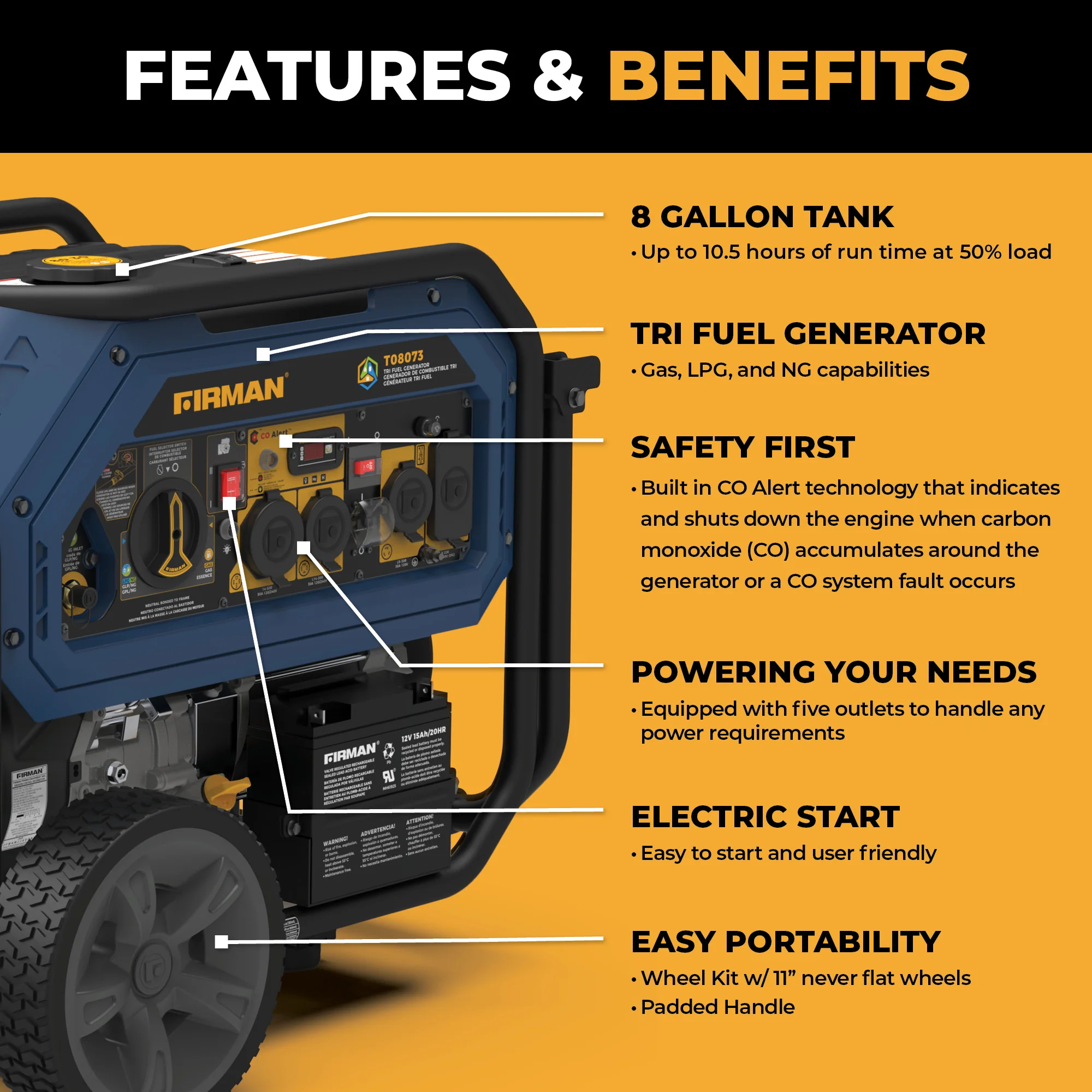 Tri Fuel  Portable Generator 10000/8000W Electric Start With CO Alert - Image 3