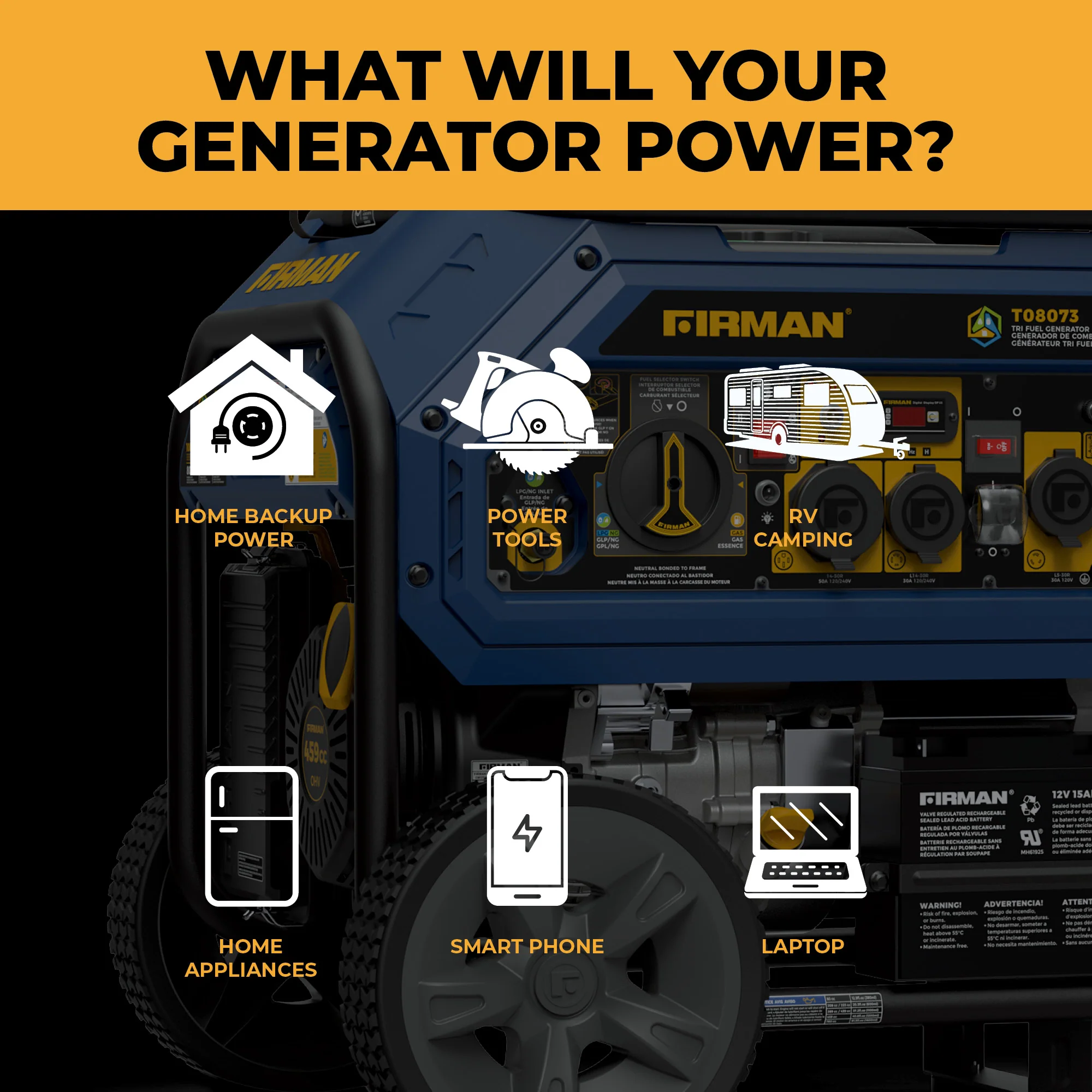 Tri Fuel  Portable Generator 10000/8000W Electric Start With CO Alert - Image 8