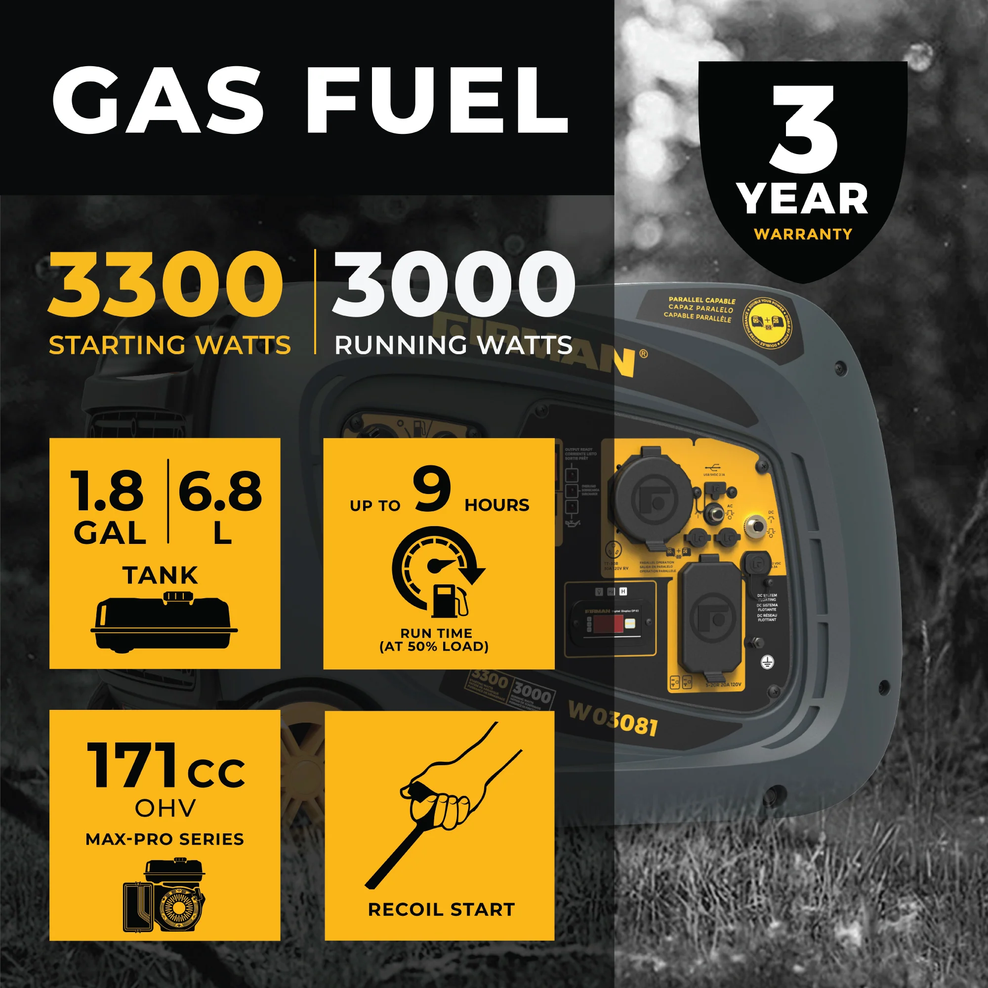 Inverter Gas Portable Generator 3300W Recoil Start - Image 2