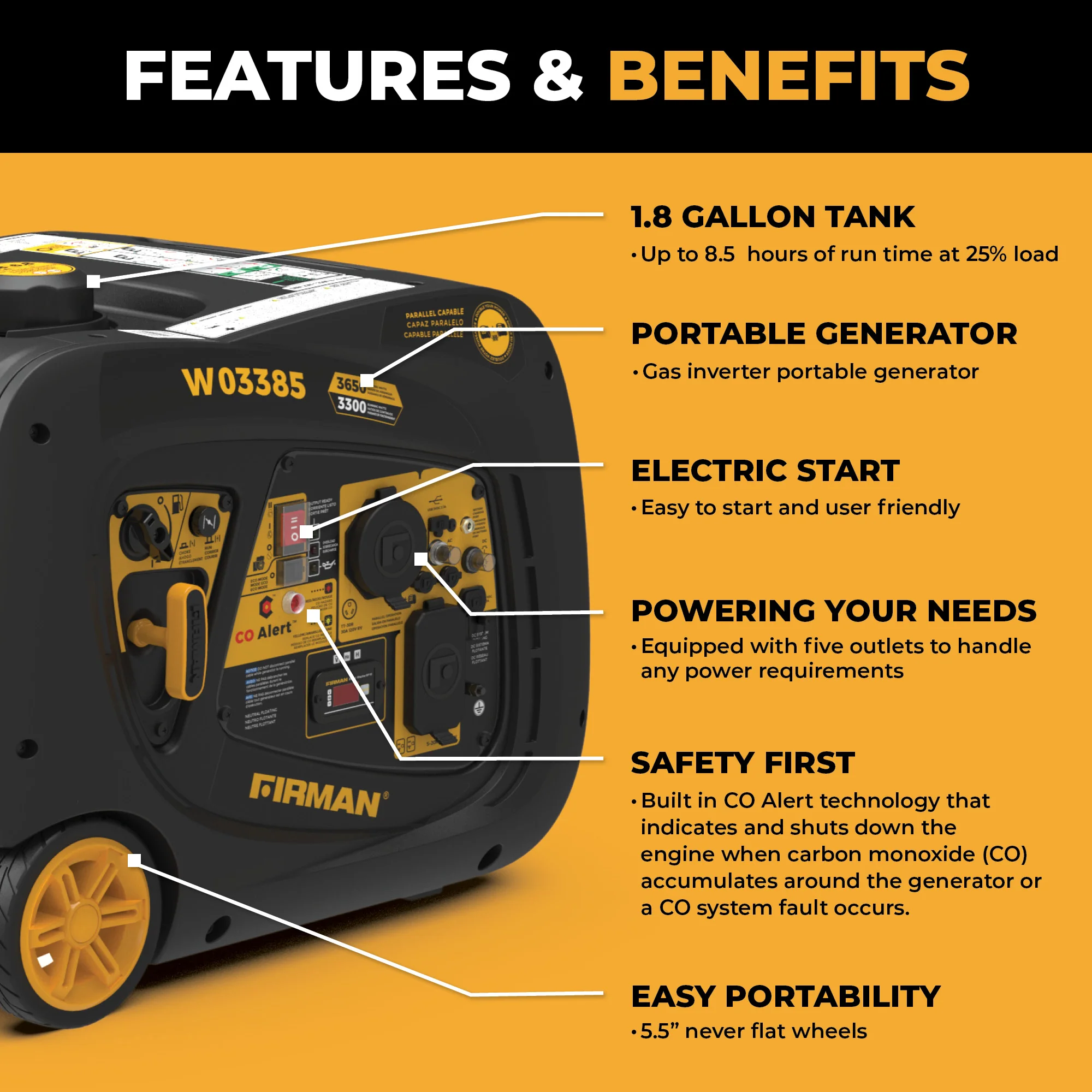 INVERTER PORTABLE GENERATOR 4125W WITH CO ALERT - Image 2