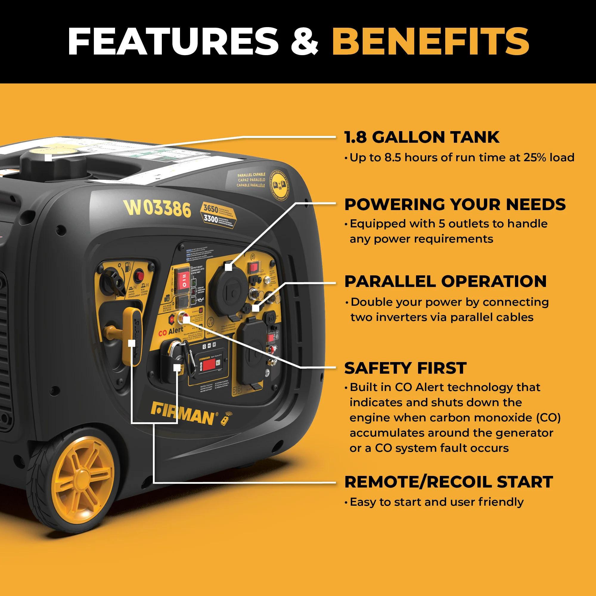 Inverter Portable Generator 4125W Remote Start with CO ALERT - Image 2