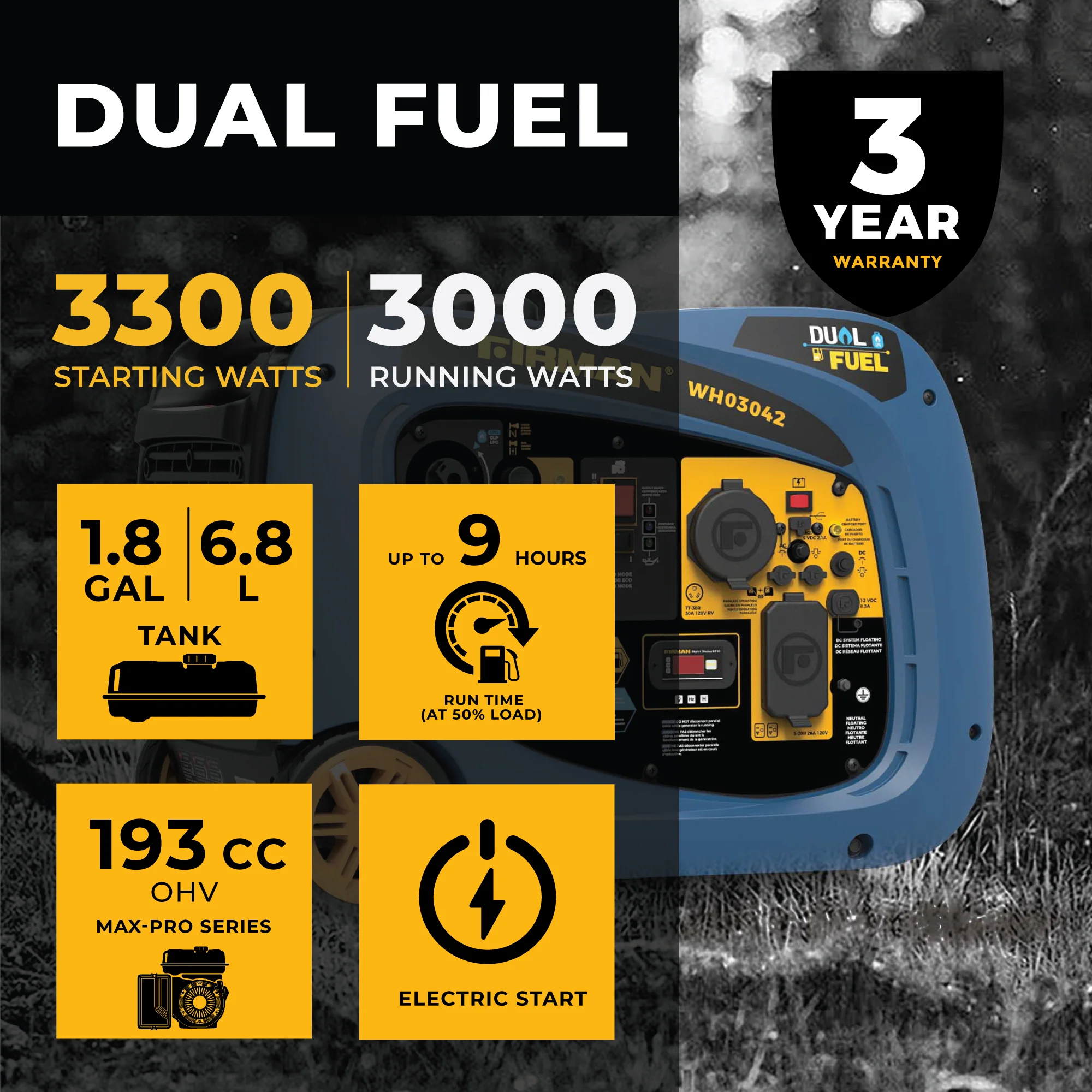 Dual Fuel Inverter Portable Generator 3300W Electric Start - Image 2